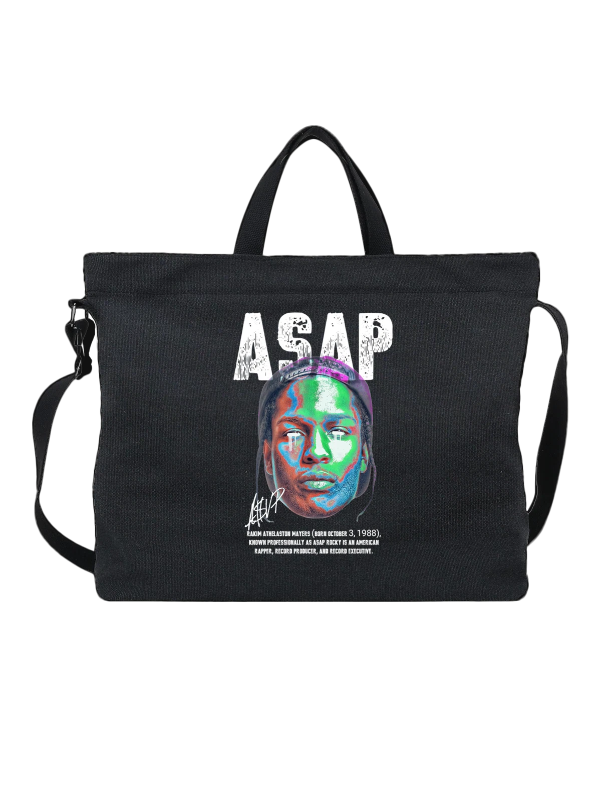 Сумка чёрная с принтом ASAP Rocky портрет рэпера в кепке с неоновым — музыкант — Чёрная, фото 1