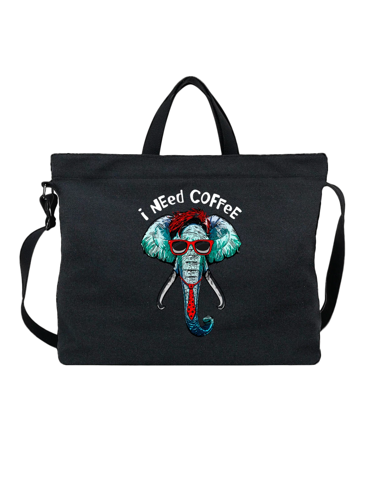 Сумка Слон в галстуке I need coffee чёрная с принтом — напиток — Чёрная, фото 1