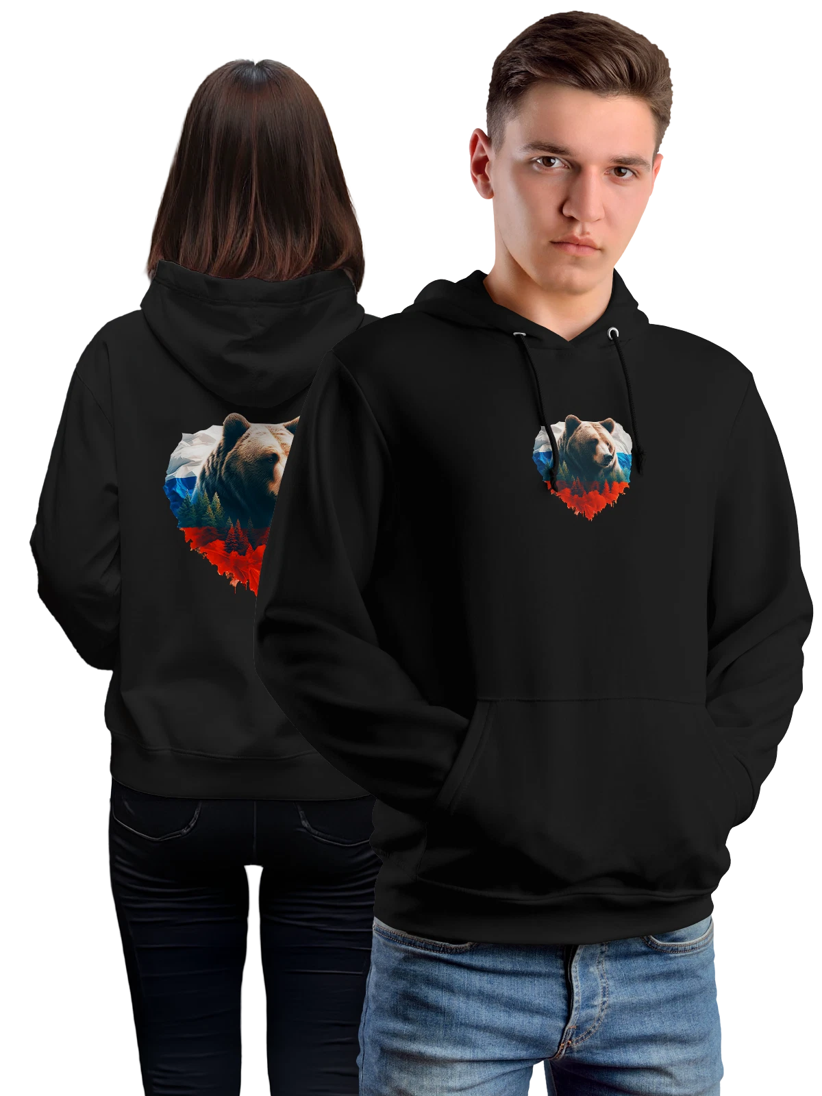 Худи с медведем флаг России чёрное с принтом — подарок защитнику — Чёрная, фото 1