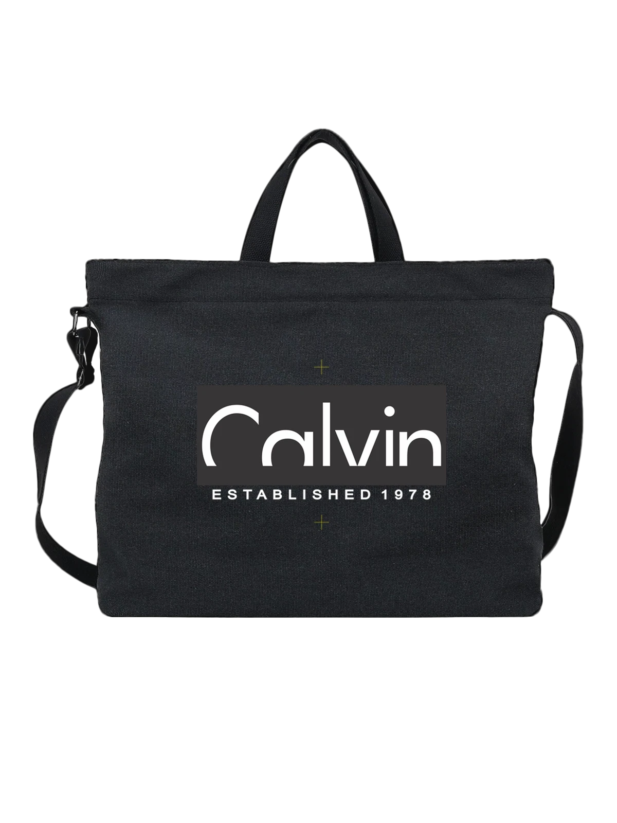 Сумка чёрная с принтом Calvin с жёлтыми стрелками и логотипом — чёрный фон — Чёрная, фото 1