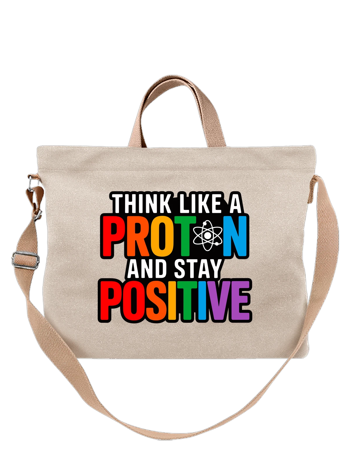 Сумка бежевая с принтом с надписью Think Like a Proton и атомом — химия — Бежевая, фото 1
