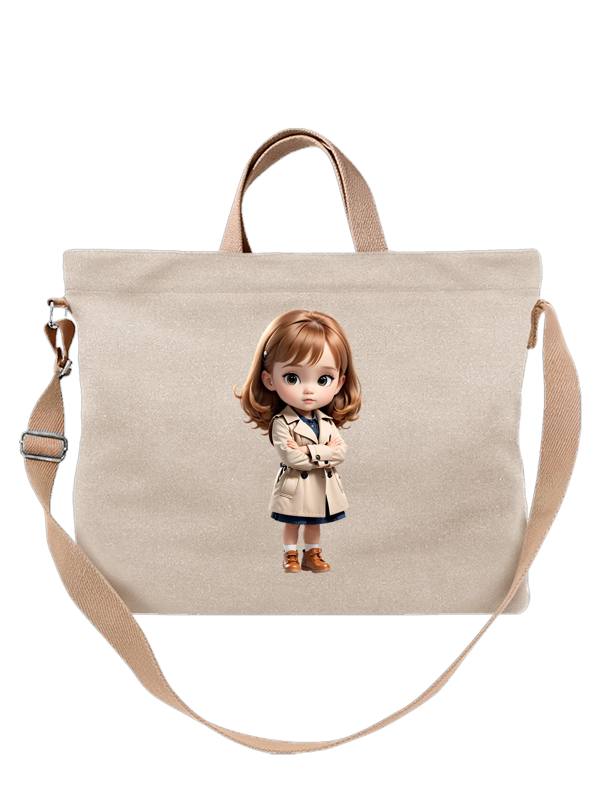 Сумка бежевая с принтом Stylized girl doll в бежевом тренче — фигурка девочки — Бежевая, фото 1