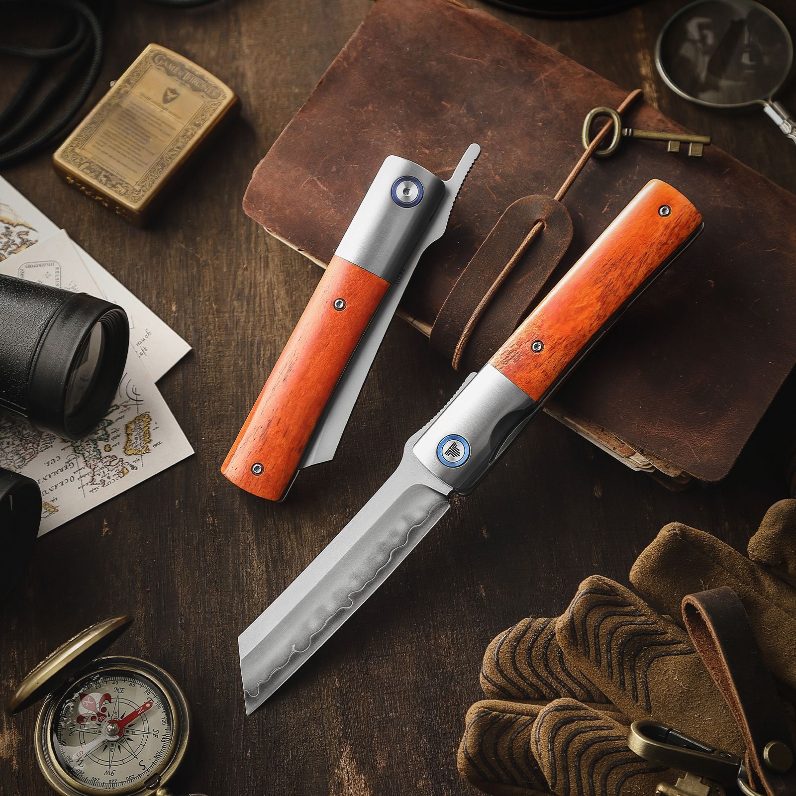 Складной туристический нож TRIVISA Kira-02O Higonokami клинок SKD11 рукоять титан и кость (коричневый)