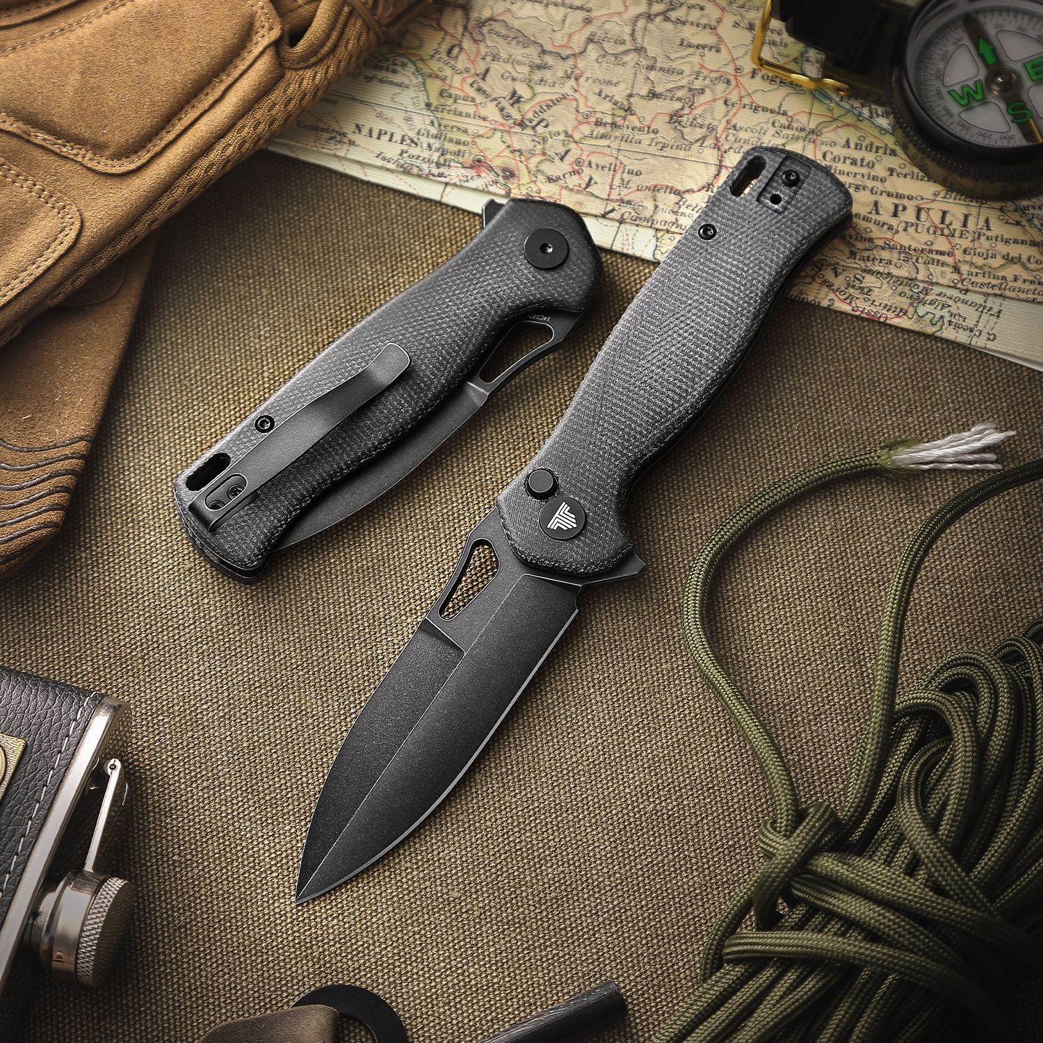 Складной туристический нож TRIVISA Crateris-04B клинок 14C28N рукоять микарта (черный-черный)