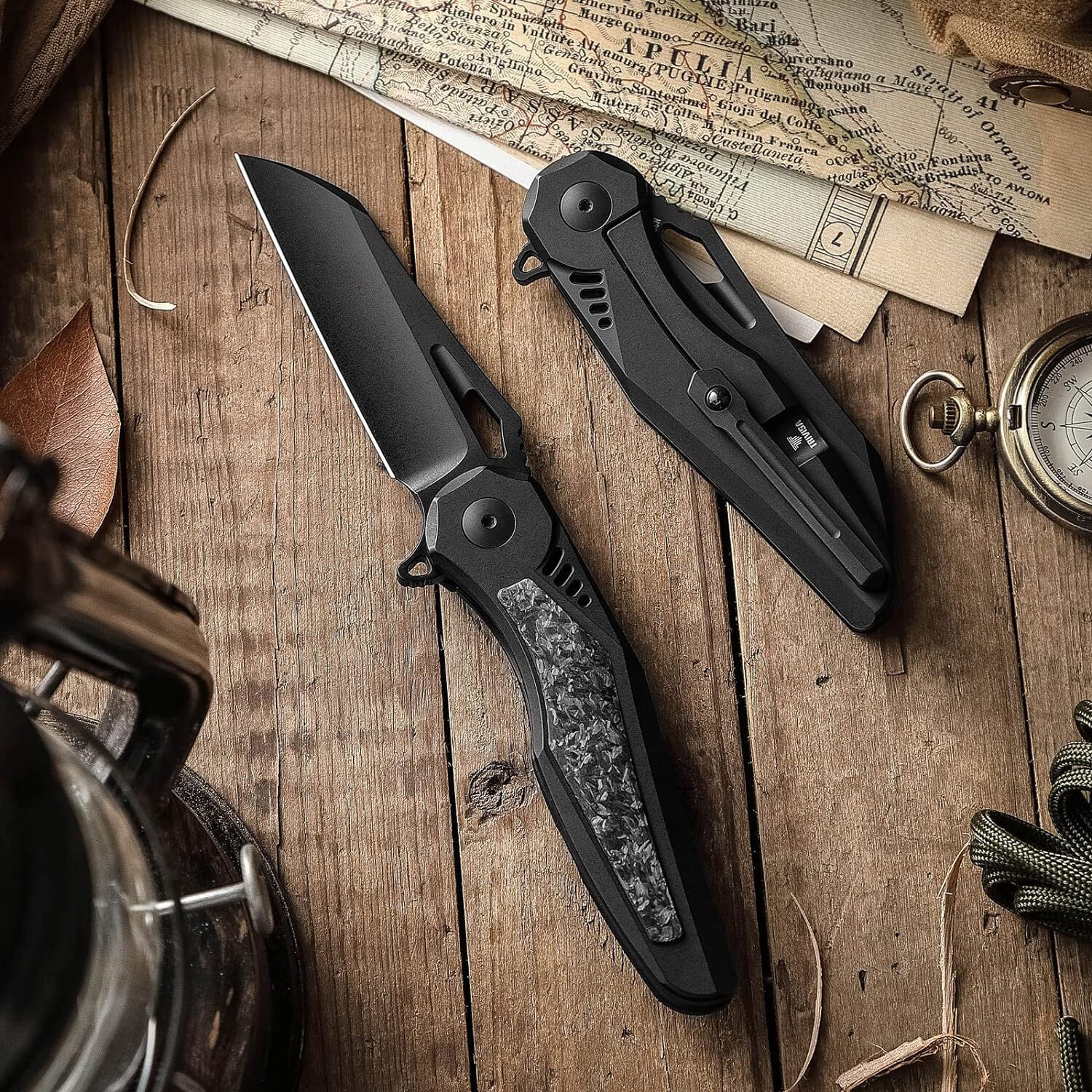 Складной туристический нож TRIVISA Oph-06B клинок M390 рукоять карбон и титан (черный-черный)